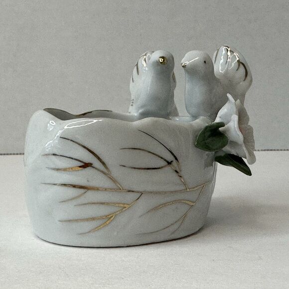 Vintage Doves Flower Planter Trinket Ring Box White w/Gold Trim Pink Floral RARE - Picture 12 of 13